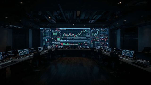 High-Tech Trading Room with Stock Data Displays