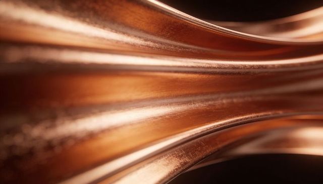 Flowing copper ribbons creating polished curved metallic waves with warm specular glow