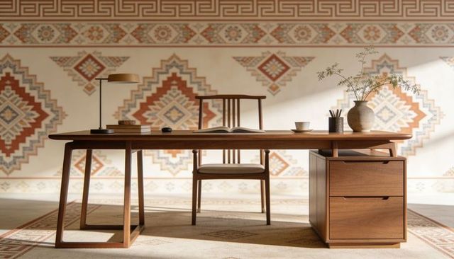 Midcentury wooden desk in sunlit minimal workspace with geometric rug and wall motifs