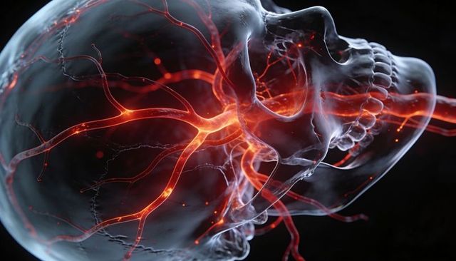 Translucent glass skull revealing glowing vascular network and nodal sparks, 3d