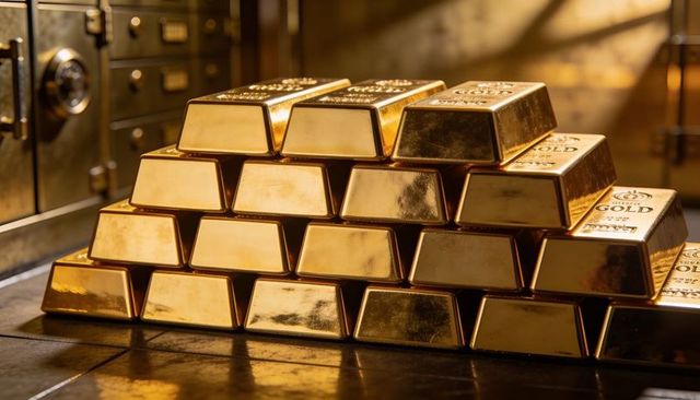 Stacked gold bars in vault with crown emblems glinting on polished bullion pile
