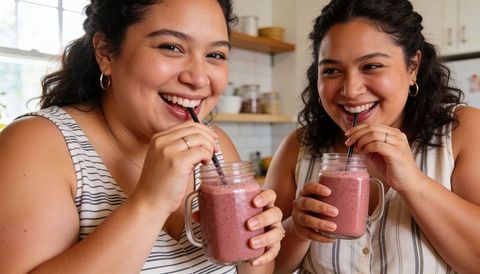 Smiling hispanic friends sipping berry smoothies in sunlit kitchen with mason jars