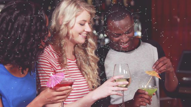 Group of diverse friends stands around a bar holding cocktails and laughing. These drinks have umbrellas, adding a tropical touch to the restaurant's lively ambiance. Ideal illustration for brochures, advertisements for nightlife venues, or campaigns focusing on friendship, diversity, or entertainment industries.