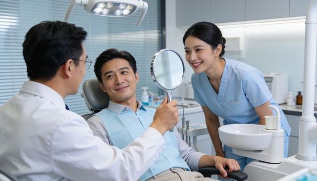 Dentist examining patient smile while holding mirror, dental assistant smiling in clinic