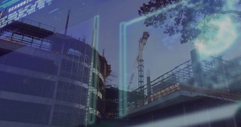Multistory building rising at dusk with tower crane, scaffolding and digital neon overlay