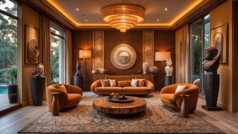 Luxurious living room with velvet sofa, sandalwood coffee table, and rattan chandelier