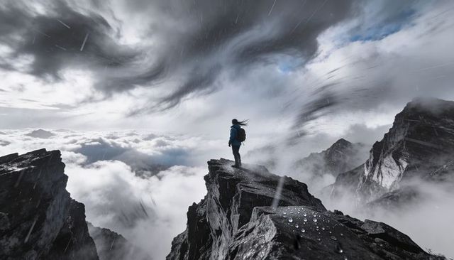 Lone hiker bracing against gale on alpine ridge above sea of clouds, dramatic storm peak