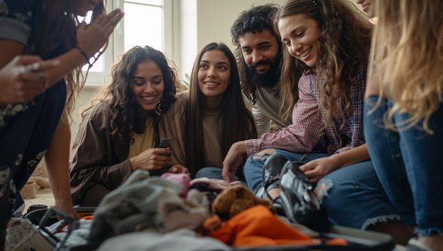 Friends gathering around open suitcase, unpacking memories during cozy indoor hangout