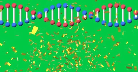 Colorful DNA Strand with Falling Confetti on Green Background