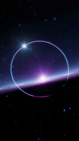 Forming neon ring encircling planet horizon with pulsing lens flare and starfield vertical sci-fi lo