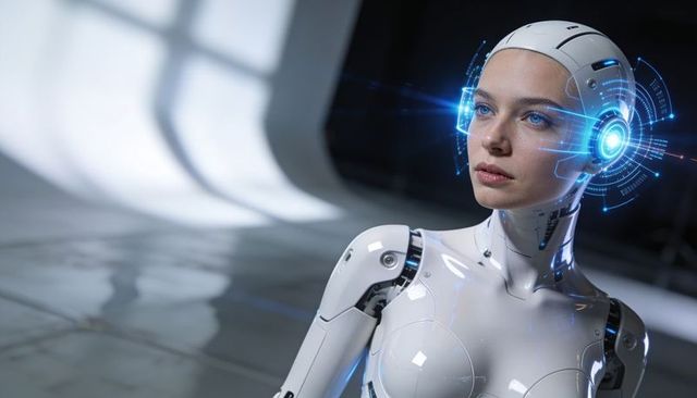 Futuristic female humanoid robot with holographic hud and glossy white shell, ar interface