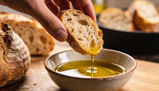 Hand dipping crusty sourdough bread into golden olive oil on rustic wooden board