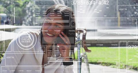 Smiling Woman Using Smartphone by Bicycle with Futuristic Interface