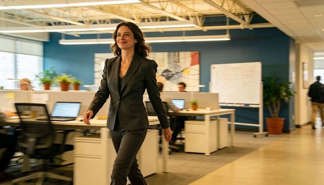 Confident woman executive striding through modern open-plan office in dark gray suit