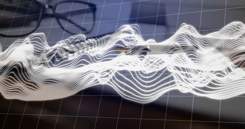 Floating Digital Waveform Over High-Tech Workspace