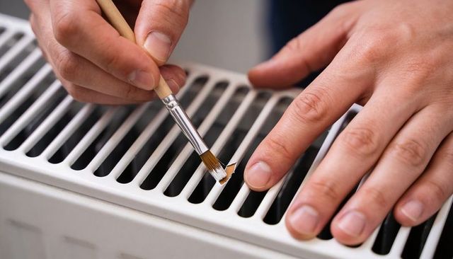 Closeup hands repairing radiator grille painting enamel chip with fine brush for diy touch-up