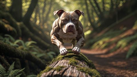 Dynamic pitbull dog leaping over mossy log on forest trail