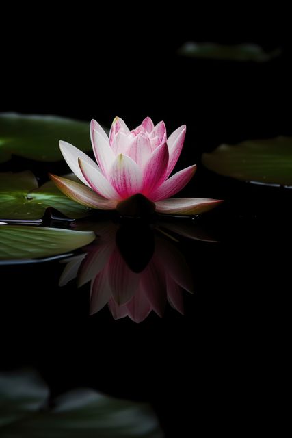 Pink lotus flower and leaves on dark water, created using generative ai technology. Nature, tranquility, rebirth and spirituality concept digitally generated image.