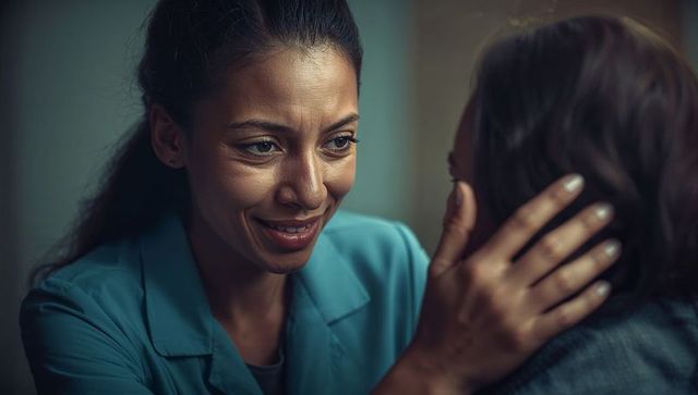 Nurse in teal scrubs offering reassurance to young patient with compassion