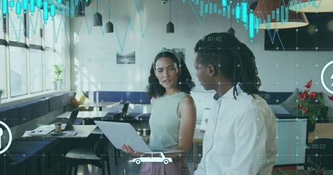 Analytical Discussion in Modern Office with Digital Overlays