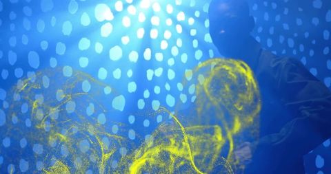 Presenter with holographic visuals in futuristic setting