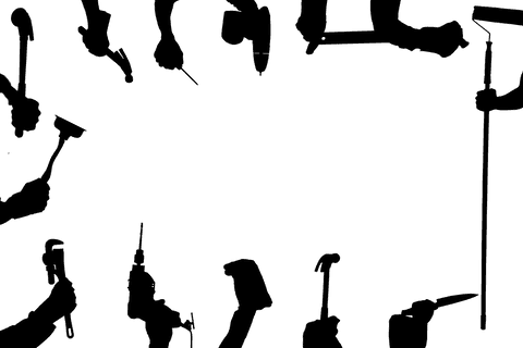 Silhouette hands clutching work tools on transparent background