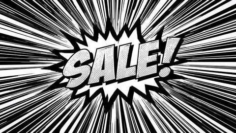 Exploding sale burst with halftone dots and radial comic lines in black and white