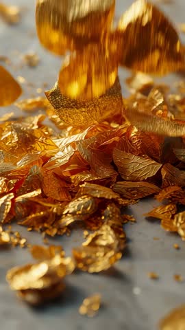 Vertical loop of falling gold foil flakes tumbling onto crumpled metallic pile