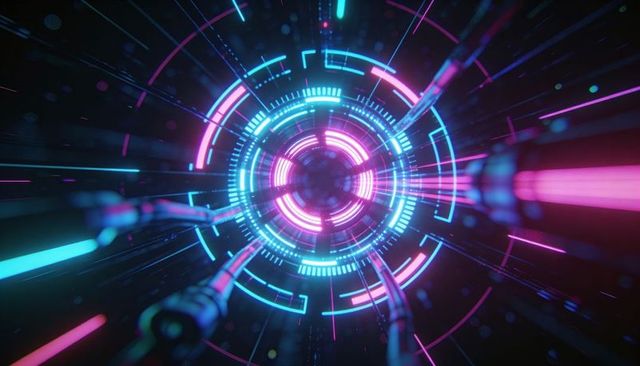 Neon cyber portal vortex pulsing with hud rings in futuristic digital velocity tunnel