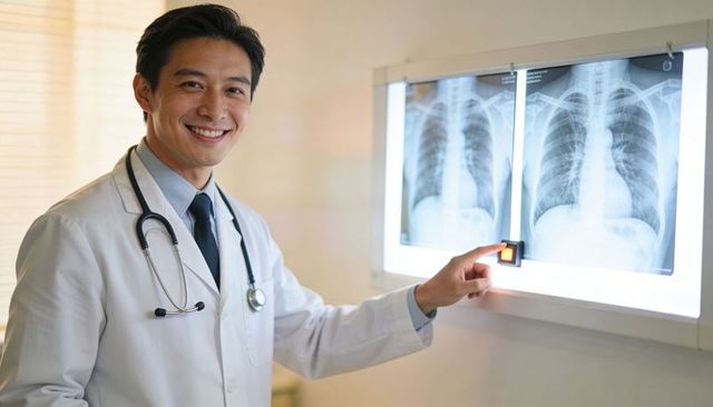 Smiling doctor pointing at chest x-rays on lightbox, examining radiographs in clinic