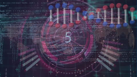 Futuristic DNA Strand with Data Overlay and Cyber Elements