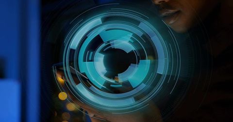 Woman holding smartphone, interacting with holographic teal hud rings, cinematic tech