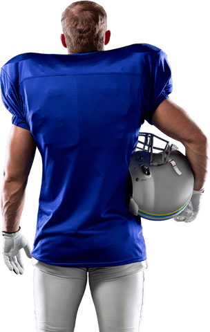 Transparent background rear view football player holding helmet