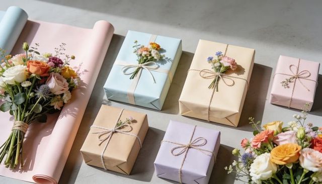 Pastel-wrapped gift boxes with twine bows and fresh flower sprigs on light gray tabletop