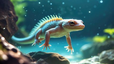 Spiny-crested amphibian glides gracefully in clear freshwater habitat