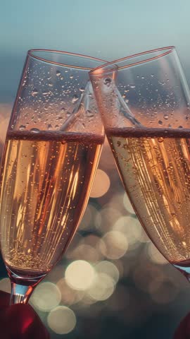 Clinking Champagne Flutes at Waterfront Dusk with Bokeh Lights — Vertical Celebration