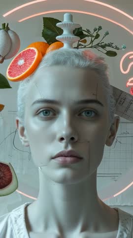 Surreal portrait with neon halo and orbiting grapefruit slices in futuristic studio