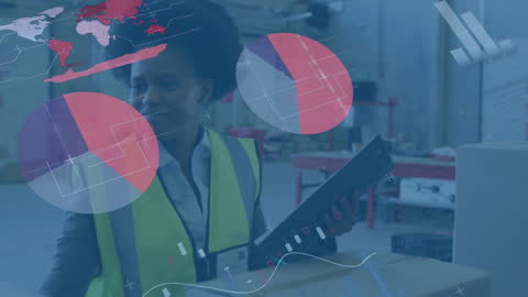 African American Female Worker in Warehouse with Global Data Overlay
