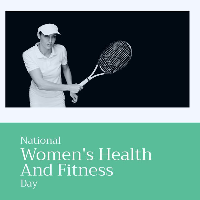 Digital image of caucasian woman with tennis racket, national women's health and fitness day text. Copy space, exercise, support, healthcare, sport, awareness and celebration concept.