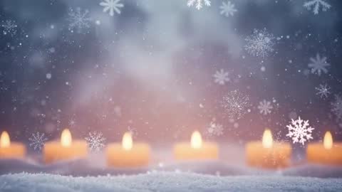 Row of flickering tea candles glowing on snow with falling snowflakes, cozy winter loop