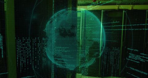 Digital Globe Hologram in a Data Center with Code Overlay - Download Free Stock Images Pikwizard.com