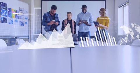 Diverse Team Analyzing Data with Amazing Technology Interface