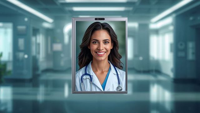 Smiling female physician providing telemedicine consult on display in hospital corridor