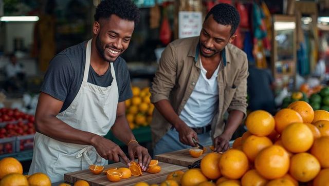 Smiling market vendors slicing fresh oranges on wooden boards at vibrant fruit stall