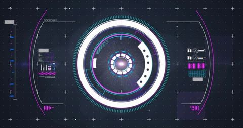 Futuristic hud dashboard with rotating energy reticle, holographic data panels