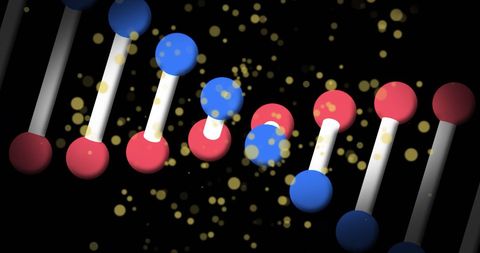 Colorful DNA Strand against Digital Particles Background