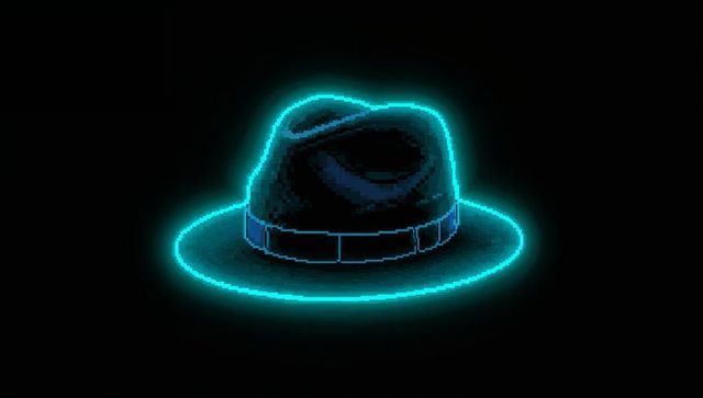 Neon fedora emitting cyan halo with pixelated glow on dark minimalist background