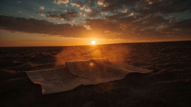 Golden sunset illuminating windblown book pages on beach