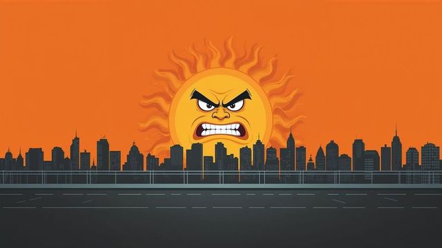 Angry cartoon sun over city skyline during sunset