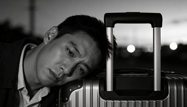 Leaning asian business traveler pressing head against suitcase at dusk train platform